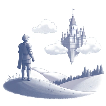 A figure of Don Quichotte stands on a grassy hilltop, gazing into the distance. He is dressed in a worn suit of armor, with a helmet tilted slightly askew. His expression is one of determination and longing as he looks towards a castle that appears to float among fluffy clouds in the sky. The castle features towering spires and ornate battlements, hinting at its grandeur. The scenery includes rolling hills in the foreground, with patches of wildflowers dotting the landscape, creating a sense of adventure and quest. The sky is vast, with clouds billowing around the castle, enhancing the dreamlike quality of the vision.