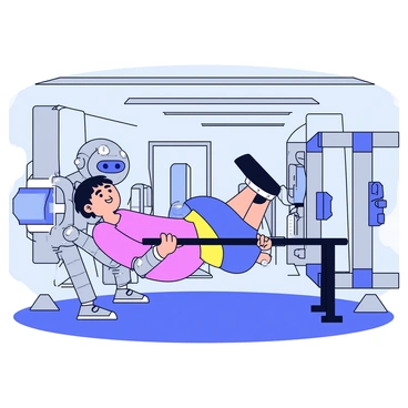 A futuristic gym setting with sleek silver walls and advanced workout equipment. In the center, a human is performing an inverted row, gripping a black horizontal bar. The robot assisting the human has a metallic finish with articulated arms, positioned close to the human. The robot is designed with a friendly face, equipped with glowing blue eyes and sensors. The gym is illuminated with bright, overhead LED lights that cast soft shadows on the floor. Various high-tech exercise machines are visible in the background.