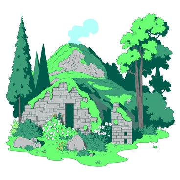 Ancient stone ruins are partially hidden beneath vibrant green foliage in a remote area of Bretagne. The weathered walls, covered in moss and creeping vines, hint at a long-lost civilization. Tall trees surround the ruins, their branches arching overhead and casting dappled sunlight on the ground. Wildflowers in various colors bloom amidst the stones, adding splashes of color to the scene. In the background, a rocky outcrop rises, covered with patches of grass and more vegetation. A soft mist rises from the ground, enhancing the mysterious atmosphere of this hidden location.