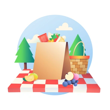 A paper bag with a brown exterior is filled with various sandwiches and snacks. The bag is slightly open, revealing a sandwich with lettuce and tomato, and a pack of potato chips peeking out. The bag is placed on a checkered picnic blanket that has a combination of red and white squares. Surrounding the bag are pieces of fresh fruit, such as apples and grapes. In the background, there are green trees and a bright blue sky with a few fluffy white clouds. A picnic basket is placed nearby, adding to the picnic scene.