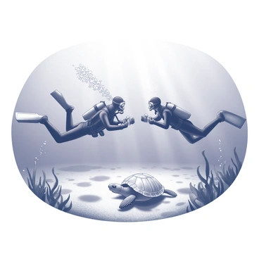 A diver is submerged in clear water, equipped with a camera, aiming to capture a photograph. The diver is wearing a wetsuit and diving mask, with bubbles rising around them. Nearby, a turtle is gliding effortlessly through the water, its flippers extended. The turtle's shell is prominent, showcasing a detailed texture. Sunlight filters down from the surface, creating patterns on the sandy ocean floor. Various marine plants gently sway in the current, adding to the underwater scene. The diver and turtle are positioned dynamically, emphasizing the interaction between them.