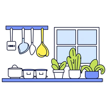 A cheerful kitchen featuring a variety of kitchen utensils such as a spatula, a whisk, and a ladle hanging on a wall. There are several pots of different sizes arranged on a countertop. Bright green plants are potted in simple containers and placed near a window, allowing for ample sunlight to shine on them. The overall composition is clean and organized, with each element clearly defined in line art.