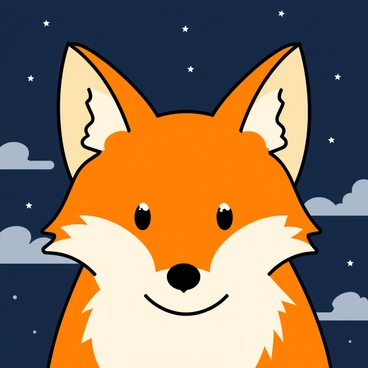 A close-up of a mystical fox face with vibrant orange fur, featuring white markings around its eyes and snout. The fox's eyes are bright and reflective, gazing intently toward the viewer. It is positioned against a dark blue night sky scattered with small, twinkling stars. The moonlight casts a soft glow on the fox's face, highlighting the delicate features and enhancing the magical atmosphere of the scene. There are wispy clouds drifting in the background, adding to the night ambiance.