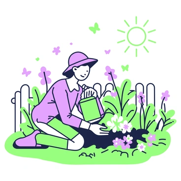 A flat-faced character is kneeling in a beautiful garden, surrounded by a variety of plants. The character has a cheerful expression and is wearing a wide-brimmed hat to shield from the bright sun. In their hands, they hold a green watering can, gently pouring water onto the vibrant flowers. The garden features an array of colorful blossoms and lush green foliage. The sun shines brightly overhead, casting clear shadows of the character and plants on the ground. A small wooden fence borders the garden, and in the background, a few butterflies can be seen fluttering among the flowers.