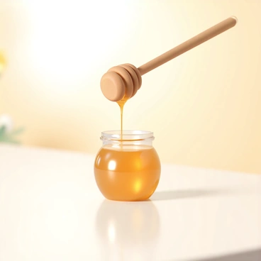 A honey dipper, made of wood, is poised above a small glass jar filled with "golden honey." The honey is "slowly dripping" from the dipper, forming a delicate stream that glistens in the light. The background is soft and blurred, creating a gentle, warm ambiance that enhances the rich color of the honey. The surface underneath the honey dipper is smooth and reflective, adding to the overall visual appeal of the scene.