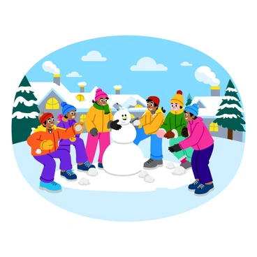 A snowy town scene featuring several children engaged in building a snowman and having a snowball fight. The children are bundled up in colorful winter jackets, hats, and scarves. One child is rolling a large snowball for the snowman's base, while another is adding smaller snowballs for the head and arms. Nearby, a group of children are laughing and throwing snowballs at each other. The ground is covered with a thick layer of fresh snow, and soft snowflakes are gently falling from the sky. In the background, there are cozy houses with smoke rising from chimneys and trees dusted with snow.