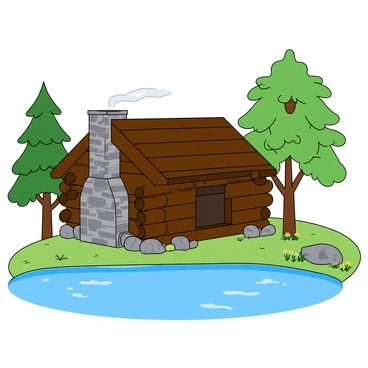 A rustic log cabin made of thick, dark logs with a sloped roof, positioned next to a tranquil pond. The cabin features a stone chimney with smoke curling softly into the air. The pond reflects the natural surroundings, with gentle ripples on the water's surface. Tall green trees with leafy branches frame the scene, and small rocks are scattered around the pond's edge. A few colorful wildflowers bloom nearby, adding vibrant touches to the landscape.