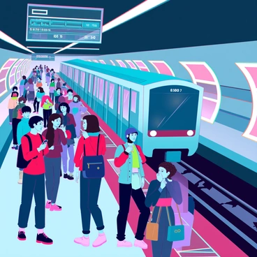 A bustling subway station with passengers waiting on the platform and a train approaching