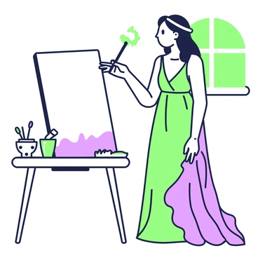 A muse stands elegantly in an artist's studio, holding a "fourchette" delicately in her right hand. She has flowing hair that cascades down her shoulders, and she wears a flowing dress that drapes gracefully around her. Her expression is one of inspiration, as she gazes at a blank canvas propped up on an easel in front of her. The canvas is untouched, waiting for the artist's vision to come to life. To the side, there are paint tubes and brushes scattered on a table, hinting at the creative process. A small palette rests on the table, smeared with a swirl of colors. Light from a nearby window illuminates the scene, enhancing the atmosphere of creativity and potential.