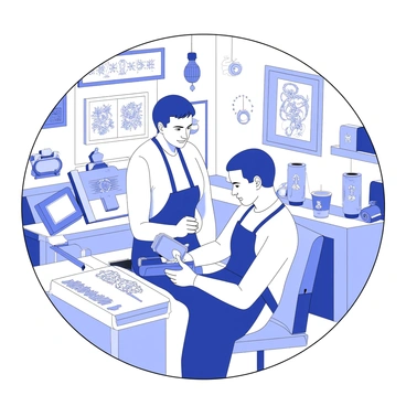 An artist is focused on tattooing a design on a client's arm in a small, hidden parlor. The tattoo artist has short hair and wears a black apron with various tattooing tools displayed on a nearby table. Intricate designs and sketches are visible on the walls, showcasing the artist's work. The parlor features an assortment of eclectic decor items, including vintage light fixtures and colorful fabrics draped across furniture. A large tattoo machine sits in the artist's hand, while the client appears relaxed in a comfortable chair. The atmosphere is intimate and filled with the sound of the tattoo machine buzzing.