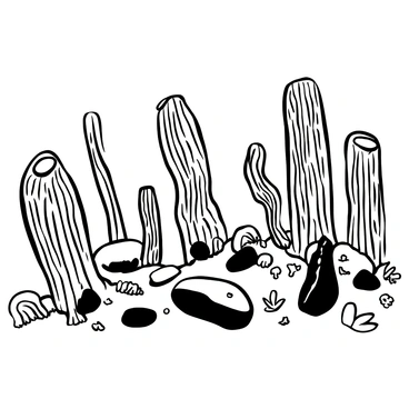 A detailed landscape of a fossilized forest featuring tree trunks that are intricately preserved in stone. The texture of the stone reveals the growth rings and bark patterns of the trees, showcasing their ancient forms. Surrounding the trunks are scattered leaves and small fossils embedded in the ground, adding to the prehistoric atmosphere. A variety of tree trunk shapes and sizes fill the scene, with some leaning at angles while others stand upright, all set against a backdrop of a rugged terrain.