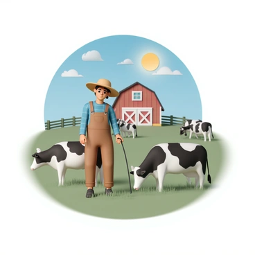 A farmer, wearing a blue plaid shirt, brown overalls, and a wide-brimmed straw hat, is gently tending to a group of black and white cattle in a lush green pasture. The cattle are scattered around the farmer, some grazing on the grass while others are standing calmly. In the background, there is a rustic red barn with white trim, surrounded by a wooden fence. The sky is bright blue with a few fluffy white clouds, and the sun is shining down, illuminating the scene. The overall atmosphere conveys a sense of rural life and animal care.