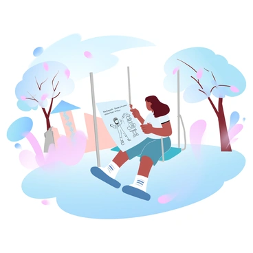A child is sitting on a swing in a playground, holding a large piece of drawing paper. The child is concentrated on drawing a colorful picture of their future self, depicting a taller version with various activities in mind. Around them, the playground features bright, pastel-colored equipment such as slides and climbing structures. In the background, a few trees with vibrant leaves provide a lively atmosphere. Sunlight filters softly through the branches, illuminating the scene.