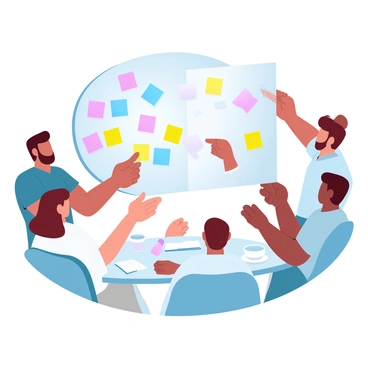 A group of diverse participants is engaged in a workshop setting. They are gathered around a large circular board covered in colorful sticky notes. Each participant holds sticky notes in various shades, such as pink, yellow, and blue, while actively discussing their ideas. Some participants are placing sticky notes onto the board, while others are pointing at different notes. The circular board is surrounded by tables with notebooks, pens, and coffee cups. A warm atmosphere is created as they share feedback, collaborating and brainstorming together.