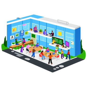 A large school building features a sleek, contemporary design with glass panels and vibrant colors. Inside, several virtual classrooms are visible, each equipped with large screens displaying educational content. Students of diverse backgrounds engage with interactive learning spaces filled with modern technology. Some students are using tablets, while others collaborate at round tables equipped with smart boards. The atmosphere is lively, with bright posters and artwork decorating the walls, and natural light streaming in from the windows. Outside the school, a bustling modern cityscape with tall buildings and greenery surrounds the school.