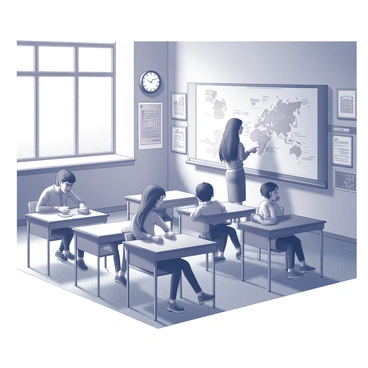 A classroom with wooden desks arranged in rows. Several students are seated, displaying expressions of concern and anxiety as they engage in conversation. The teacher stands at the front, pointing to a large map displayed on a chalkboard. The map is detailed and illustrates various regions relevant to the Red Scare. The walls of the classroom are adorned with educational posters and charts. A window lets in soft, natural light, illuminating the scene and casting shadows across the classroom floor. A clock on the wall shows the time, adding a sense of urgency to the discussions taking place.