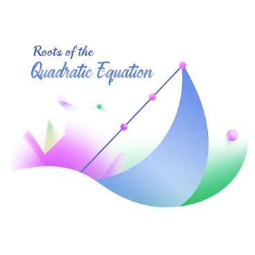 A modern pastel illustration depicting a smooth, upward-opening parabola in light blue. The curve intersects the horizontal axis at two distinct points, each marked with a bold red dot. Above the intersection points, the words "Roots of the Quadratic Equation" are displayed in elegant, white script. The background features soft, pastel-colored geometric shapes that add depth to the composition.