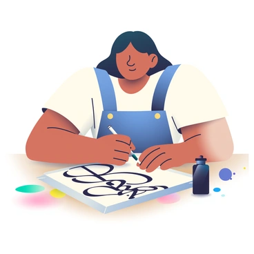An artist with light brown skin and long black hair is seated at a wooden table, focused on creating beautiful calligraphy. The artist is wearing a white shirt and denim overalls. In their right hand, they hold a calligraphy pen, and a black ink bottle is situated on the table next to them. The paper in front of the artist displays elegant, flowing letters partially formed. Soft shadows fall across the table, and colorful ink splatters are visible around the workspace, adding a dynamic touch to the scene.