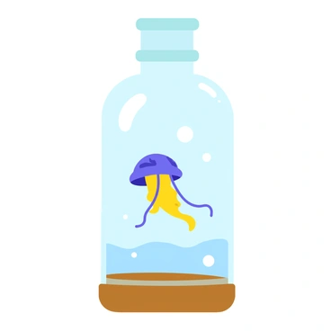 A tiny jellyfish with translucent, delicate tentacles is preserved in a glass bottle. The bottle is clear and has a round body with a narrow neck, resting on a smooth wooden surface. The jellyfish is illuminated from below, creating a soft glow that highlights its ethereal form. Small bubbles float around the jellyfish inside the bottle, enhancing the illusion of it floating in a dreamlike state. Light refracts through the glass, casting gentle patterns on the surface below.