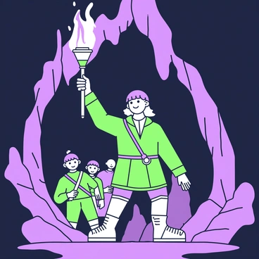A torchbearer holding a flaming torch high, lighting the way for others through a dark cave
