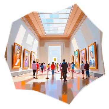 A grand hall in an art gallery features tall, ornate ceilings with intricate moldings. The walls are lined with life-sized portraits of famous artists, showcasing their distinctive styles and expressions. Each portrait is framed in elegant gold frames that enhance their prominence. The floor is polished wood, reflecting the soft light coming from large windows on one side of the hall. In the center, there are velvet ropes guiding visitors, while a few people are admiring the artwork, adding a sense of scale to the space.