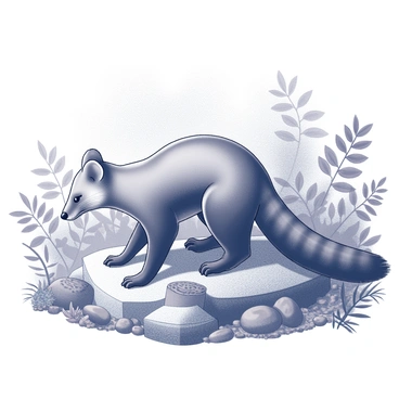 A pine marten is depicted crouching low on a forest floor. Its body is sleek and agile, with a bushy tail extending behind it. The marten is examining its surroundings with keen eyes, ears perked up attentively. Surrounding the marten are various elements of a forest environment. The ground is covered with rich foliage, including fallen leaves, twigs, and patches of textured moss. Various ferns and small plants add to the layers of greenery, while dappled sunlight filters through the overhead branches, creating interesting patterns on the forest floor.