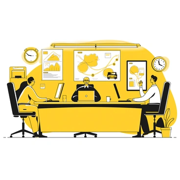 A group of four workers is seated at a long desk in a dispatch center. Two of the workers are focused on their computer screens, typing rapidly and taking notes on yellow notepads. The third worker is speaking into a headset, coordinating with a driver, while the fourth worker is examining a large logistics map pinned to the wall. Various documents and a coffee cup are scattered on the desk, and a clock on the wall shows the time. The room is well-lit with fluorescent lights, and a large monitor displaying transport routes is visible in the background.