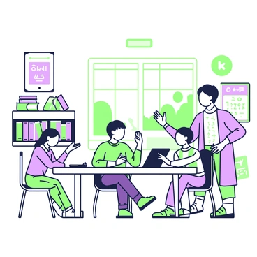 A teacher is standing in a well-organized classroom, interacting with a diverse group of students. The teacher has short hair and is wearing a light-colored shirt and dark trousers. In front of the teacher, there are three students seated at a round table. One student is raising their hand while another is writing in a notebook. The third student is using a tablet. On the walls, there are colorful posters displaying the alphabet and mathematical equations. A bookshelf filled with various books is located in the corner, while a large window lets in natural light, illuminating the space.