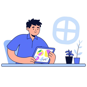 A person sitting at a simple desk, holding a tablet in their hands. The tablet screen displays colorful graphs and charts representing a diverse investment portfolio. The person appears focused, analyzing the data with a slight furrow in their brow. They have short black hair and are wearing a casual blue shirt. In the background, there is a minimalistic plant on the desk and a soft light illuminating the scene from a nearby window.