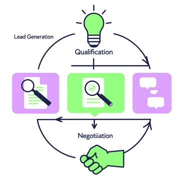 A diagram illustrating various sales stages. At the top, there is a large green icon representing "Lead Generation" shaped like a lightbulb. Below it, a medium-sized purple icon symbolizes "Qualification," depicted as a magnifying glass over a checklist. Further down, there is a green icon for "Proposal," designed as a document with a pen. To the right, a purple icon for "Negotiation" shows two speech bubbles. Finally, at the bottom, a large green icon signifies "Closing," represented as a hand shaking another hand. Each icon is clearly labeled with their respective stage names in bold text.