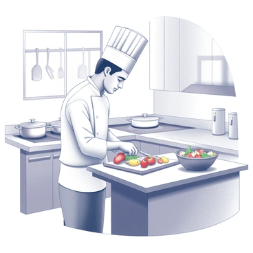 A chef standing in a kitchen, wearing a white chef's coat and a tall white hat. The chef is focused on preparing a dish, chopping fresh vegetables on a wooden cutting board. The kitchen is equipped with stainless steel appliances and has various utensils hanging on the wall. A bowl filled with mixed ingredients is placed on the counter, while the chef uses a knife to slice colorful vegetables like peppers and tomatoes. The counter is neatly organized, and there are pots on the stove ready for cooking. A window lets in natural light, illuminating the workspace.