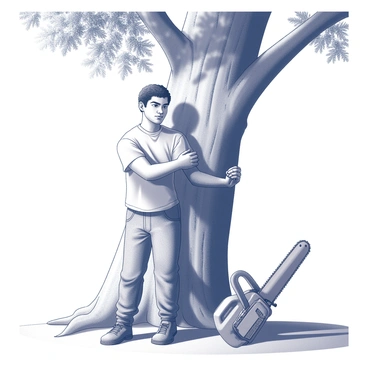 A person stands with their arms wrapped tightly around a massive tree trunk, showing a look of determination on their face. The figure is positioned in front of the tree, with the bark's texture detailed on the trunk. Nearby, a chainsaw rests on the ground, contrasting with the natural setting. The person's clothing is rugged and practical, suggesting readiness for the task at hand. Sunlight filters through the tree's leaves, casting intricate shadows on the ground.