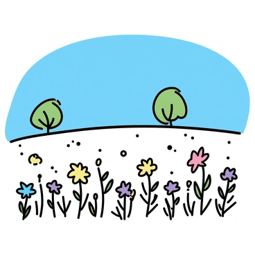 A vast meadow stretches out under a clear blue sky. The ground is covered with a diverse array of blooming wildflowers in various colors, including vibrant yellows, deep purples, and bright reds. The flowers sway gently in the breeze, creating a dynamic display of nature. In the distance, a few trees with green leaves rise above the colorful landscape.