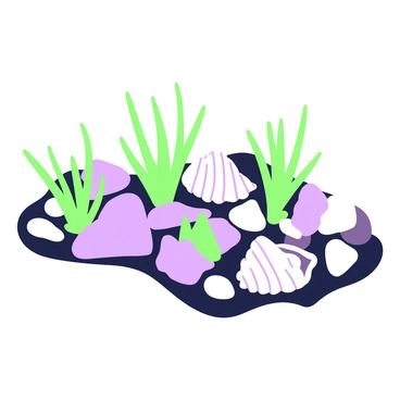 A garden bed features various conch shells and stones arranged creatively. The shells are scattered throughout the bed, showcasing their distinct shapes and sizes. Smooth stones of different dimensions are interspersed among the shells, adding texture to the scene. Small green plants peek through the gaps, providing contrast against the shells and stones. The overall composition is harmonious, with each element placed thoughtfully to enhance the visual appeal of the garden bed.