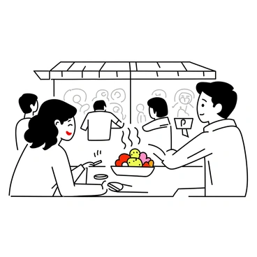 A steaming dish placed on a table in a bustling food court. The dish is filled with an assortment of colorful food items, with wisps of steam rising from its surface. Nearby, several customers are seated, looking toward the dish with expressions of interest and hunger. One customer, a young woman with curly hair, leans forward with a smile, while a man beside her, wearing a casual shirt, watches intently. The background features several food stalls and patrons enjoying their meals.