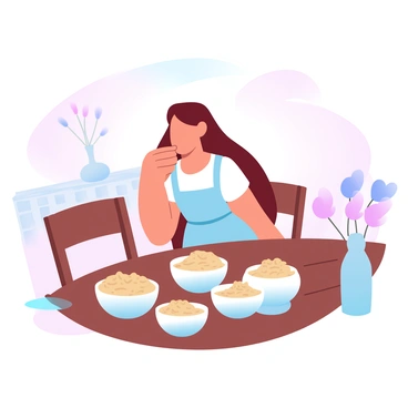 Goldilocks is sitting at a wooden dining table, which is set with three bowls of porridge in front of her. Each bowl is a different size: one is small, one is medium, and one is large. Goldilocks, dressed in a light-colored dress, is leaning forward with curiosity as she tastes the porridge from the small bowl first. The room is decorated with cozy elements like a checked tablecloth, a vase of flowers, and wooden chairs. Behind her, there are soft, warm light colors highlighting the scene.