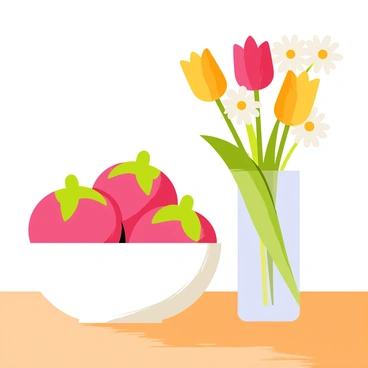 A still life scene featuring a round white bowl filled with vibrant pink dragon fruits, showcasing their green scales. Beside the bowl, a tall glass vase holds an arrangement of colorful flowers, including red and yellow tulips, along with delicate white daisies. The background is a plain wooden table, enhancing the vivid colors of the fruits and flowers. The light source casts gentle shadows, creating depth in the composition.