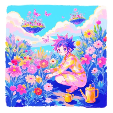 An anime character with large expressive eyes and spiky hair is tending to a lush garden. The character is wearing a vibrant outfit adorned with floral patterns. They are kneeling beside a variety of colorful flowers in full bloom. The background features floating islands, each covered in greenery and vibrant plants. Below, there are fluffy clouds and a blue sky, adding depth to the scene. A gentle breeze causes the petals to flutter. A small watering can is nearby, and a butterfly is hovering above one of the flowers.