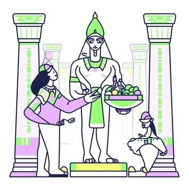 A Pharaoh is standing in a grand temple, adorned in intricate golden jewelry and a richly detailed headdress. He is holding a large, decorative offering tray filled with various gifts such as fruits, incense, and precious stones. The temple features tall columns with carvings and hieroglyphics, casting intricate shadows on the floor. In front of the Pharaoh, there is a majestic statue of Sekhmet, a lion-headed goddess, with a fierce expression. The atmosphere is filled with a sense of reverence and honor as the Pharaoh presents the offerings before the statue. 