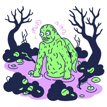 A mysterious ancient creature is emerging from the depths of a shadowy bog. The creature has elongated limbs and textured skin that appears rough and weathered. Its eyes glint with an otherworldly light, gazing intently forward. Around it, tendrils of mist rise from the dark, stagnant water, partially obscuring its form. The bog is dotted with twisted roots and patches of dark, leafy vegetation, which contribute to the eerie atmosphere. In the background, silhouettes of ancient trees loom, their gnarled branches reaching out towards the creature.