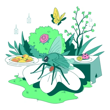 A teal fly wearing a small black tuxedo is sitting on a white flower petal at a garden wedding. Surrounding the fly are other insects, including a yellow butterfly gracefully fluttering above and a pink ladybug perched nearby. In the background, there are small white decorations hanging from the branches of a bush, and a white table set with tiny plates filled with sweet nectar. The bright sunlight is casting shadows of the insects on the green grass below.