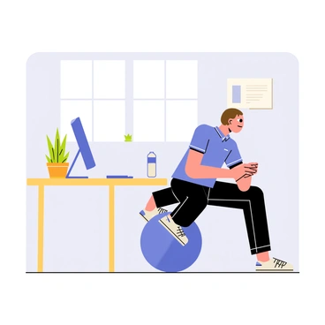 An office worker performing "Russian twists" while seated on a stability ball at their ergonomic desk setup. The desk is made of light wood and features a computer monitor, a keyboard, and a few office supplies. The worker has short brown hair and is wearing a blue polo shirt and black pants. They are engaged in the exercise by twisting their torso to the side, with their hands clasped together in front of them. A potted plant sits on the desk, adding a touch of greenery to the workspace. A water bottle is positioned nearby, emphasizing the focus on health and wellness during the break. The background features soft gray walls and a window that allows natural light to fill the room.