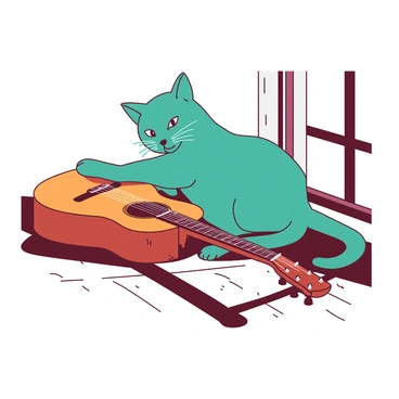 A teal cat is playfully batting at the strings of an orange guitar that is resting on a wooden floor. The guitar has a shiny finish and is positioned at an angle, showcasing its intricate design. The cat's paw is outstretched, and its eyes are focused intently on the strings. Sunlight streams in through a nearby window, casting soft shadows across the floor. The scene captures a moment of curiosity and playful interaction between the cat and the guitar.