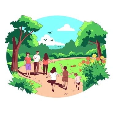 A group of families is walking along a winding trail in a lush nature reserve. To the left, there are vibrant green trees with thick trunks and a variety of leaves. To the right, colorful wildflowers bloom in patches of yellow and orange. The trail is covered with soft brown dirt, and the families are engaged in conversation, some pointing at birds flying overhead. Children are running ahead, collecting small stones and observing insects along the path. In the background, a clear blue sky with a few fluffy clouds can be seen, adding to the serene atmosphere of the nature reserve.