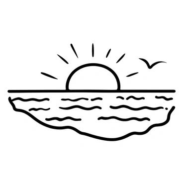 A black-and-white illustration of a sunrise over the ocean. The sun is just peeking above the horizon, casting rays of light that reflect on the water's surface. The ocean is calm, with gentle waves lapping against the shore. Silhouettes of distant seagulls can be seen flying in the sky. The horizon features an array of cloud formations that echo the movement of the water below.