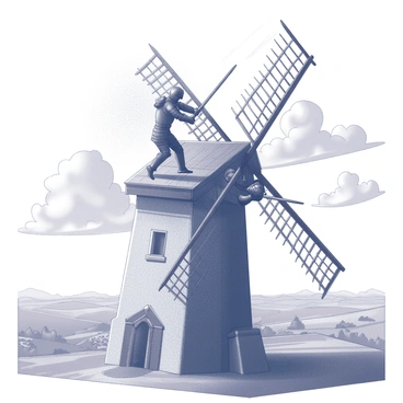 Two armored knights are engaged in a dramatic sword fight on the rooftop of a medieval windmill. The windmill is constructed of weathered wood and stone, with large, wooden blades stretched out behind it. The knights are positioned in dynamic stances, their swords clashing with sparks flying upon impact. The sky is filled with swirling clouds, suggesting an impending storm. The landscape below features rolling hills and patches of farmland, creating a contrasting backdrop to the intense duel taking place at the windmill's height.