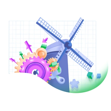 A technical sketch showcasing the inner workings of a windmill. The illustration features detailed depictions of the "gear system," including large interlocking gears and smaller cogwheels, all meticulously labeled. The "blade mechanics" are illustrated with multiple blades extending from a central hub, demonstrating their alignment and motion. The background includes faint grid lines to emphasize the technical nature of the sketch. Various arrows indicate the directional movement of the gears and blades, creating a dynamic representation of the windmill's operation.