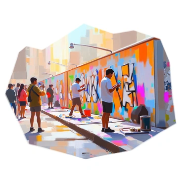 A group of street artists is working collaboratively on a long city fence, transforming it into a vibrant graffiti masterpiece. One artist is applying bright blue paint, while another is spray-painting bold red and yellow designs. A third artist is sketching intricate patterns with black outlines, adding depth to the scene. The fence is adorned with a variety of styles, showcasing colorful characters, abstract shapes, and dynamic lettering. Surrounding the artists, curious onlookers pause to admire their work, capturing the moment on their phones. The sun casts a warm light on the bustling urban environment, highlighting the creative energy in the air.