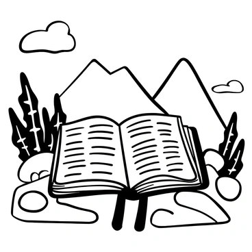 An open Bible lies on a rocky ledge, its pages gently fluttering in the breeze. The Bible is centered on the ledge, with detailed text visible on its pages. In the background, there is a breathtaking mountain view, with rugged peaks rising dramatically against the sky. The rocky ledge is textured, with various sizes of stones and moss interspersed, adding depth to the scene. The overall composition captures the peaceful coexistence of nature and spirituality.