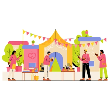 A cartoon village scene bustling with activity, showcasing vibrant houses and cheerful villagers. Colorful banners in shades of pink, yellow, and green are strung across the street, fluttering in the breeze. Some villagers are seen decorating the entrance with floral arrangements, while others are creating intricate mehendi designs on their hands. Tables laden with traditional sweets and snacks are set up nearby, adding to the festive atmosphere. A large canopy with decorative patterns is placed at the center, where the mehendi ceremony will take place.